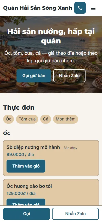 Mẫu Quán hải sản trên điện thoại