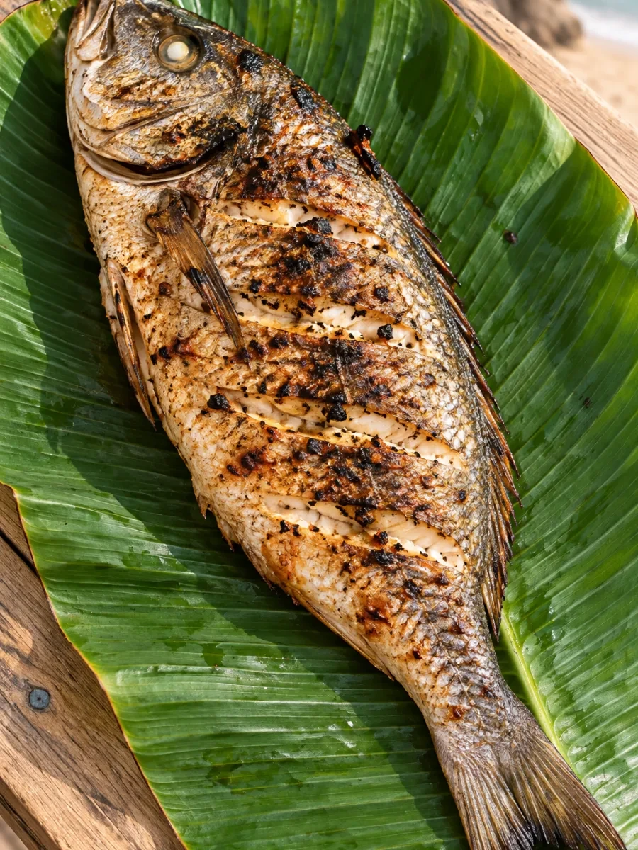 Con cá nướng nguyên con trên lá chuối