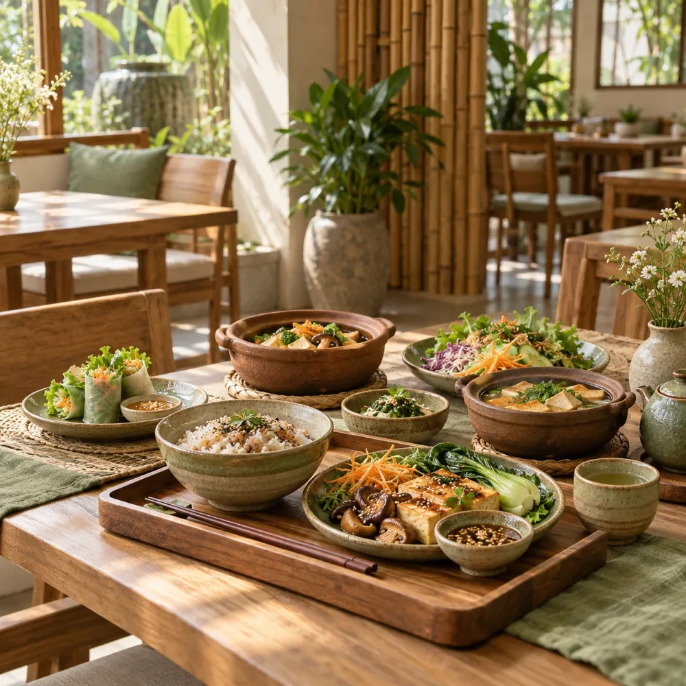 Bàn gỗ trong quán bày nhiều món chay