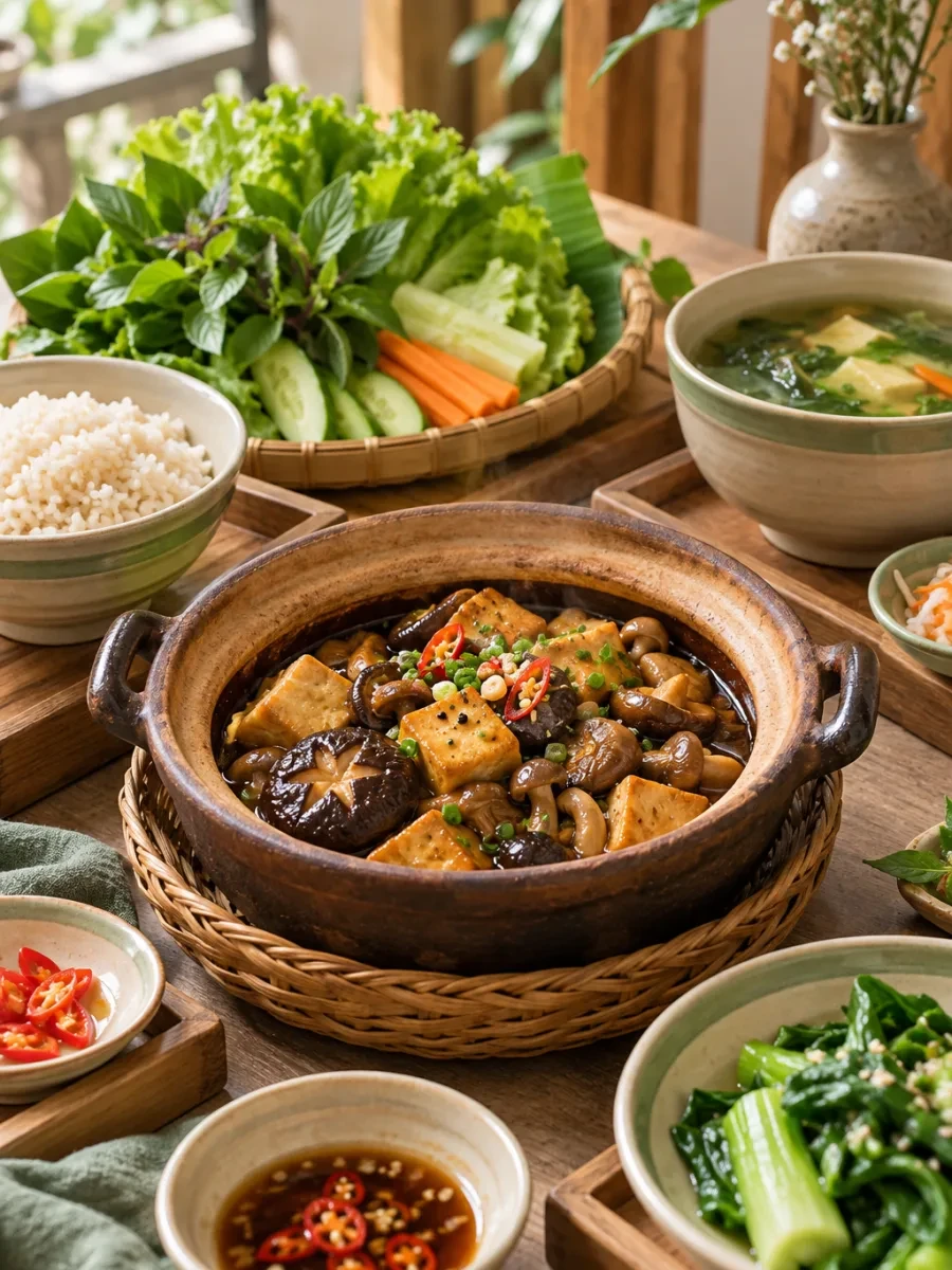 Nồi đất nấm và đậu hũ kho