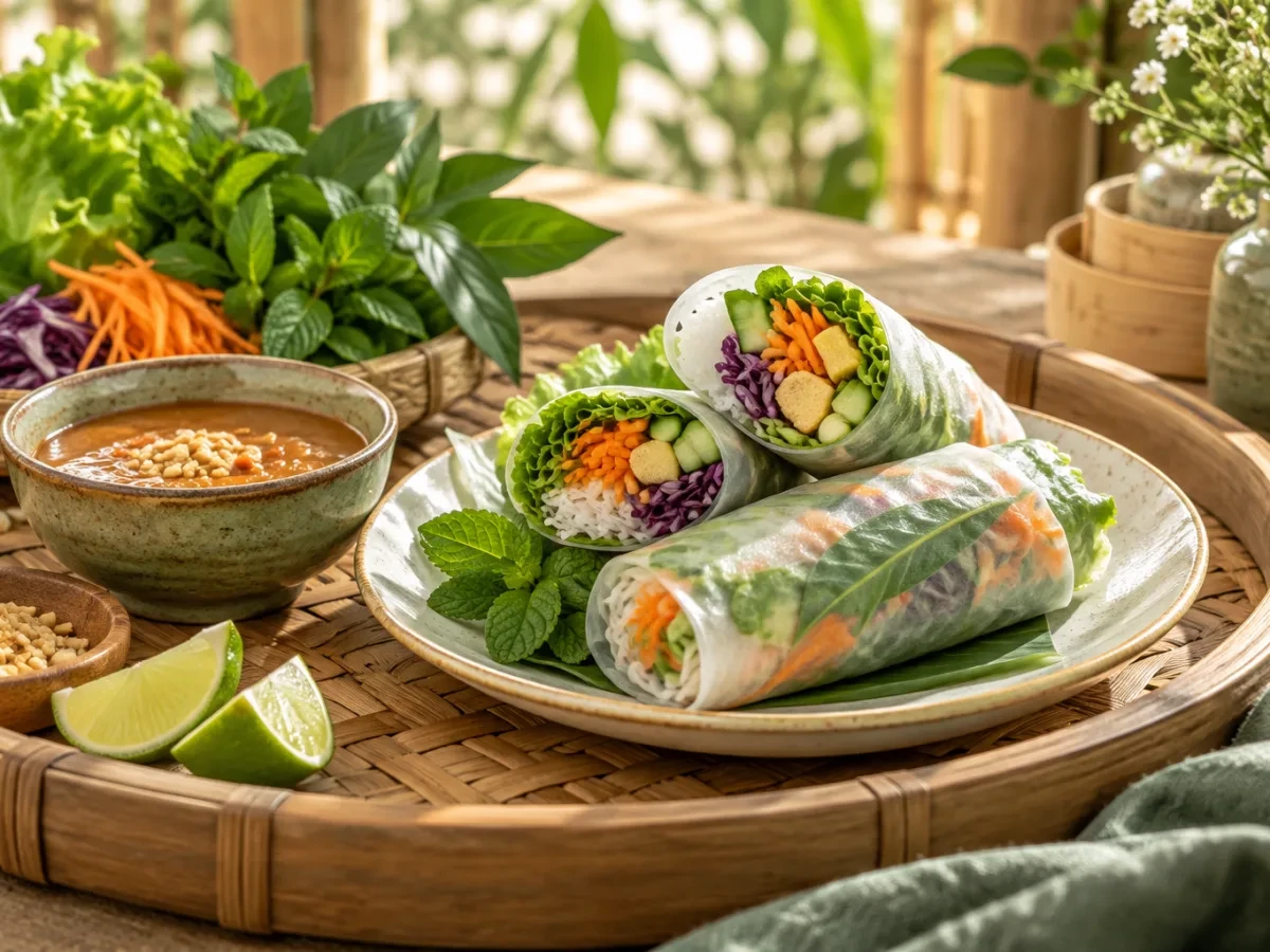 Gỏi cuốn rau và nước chấm trên đĩa