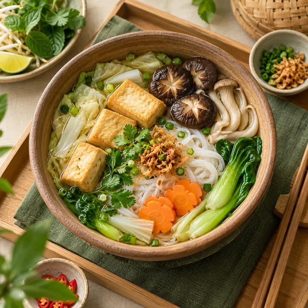 Tô bún rau, nấm và đậu hũ nhìn từ trên xuống