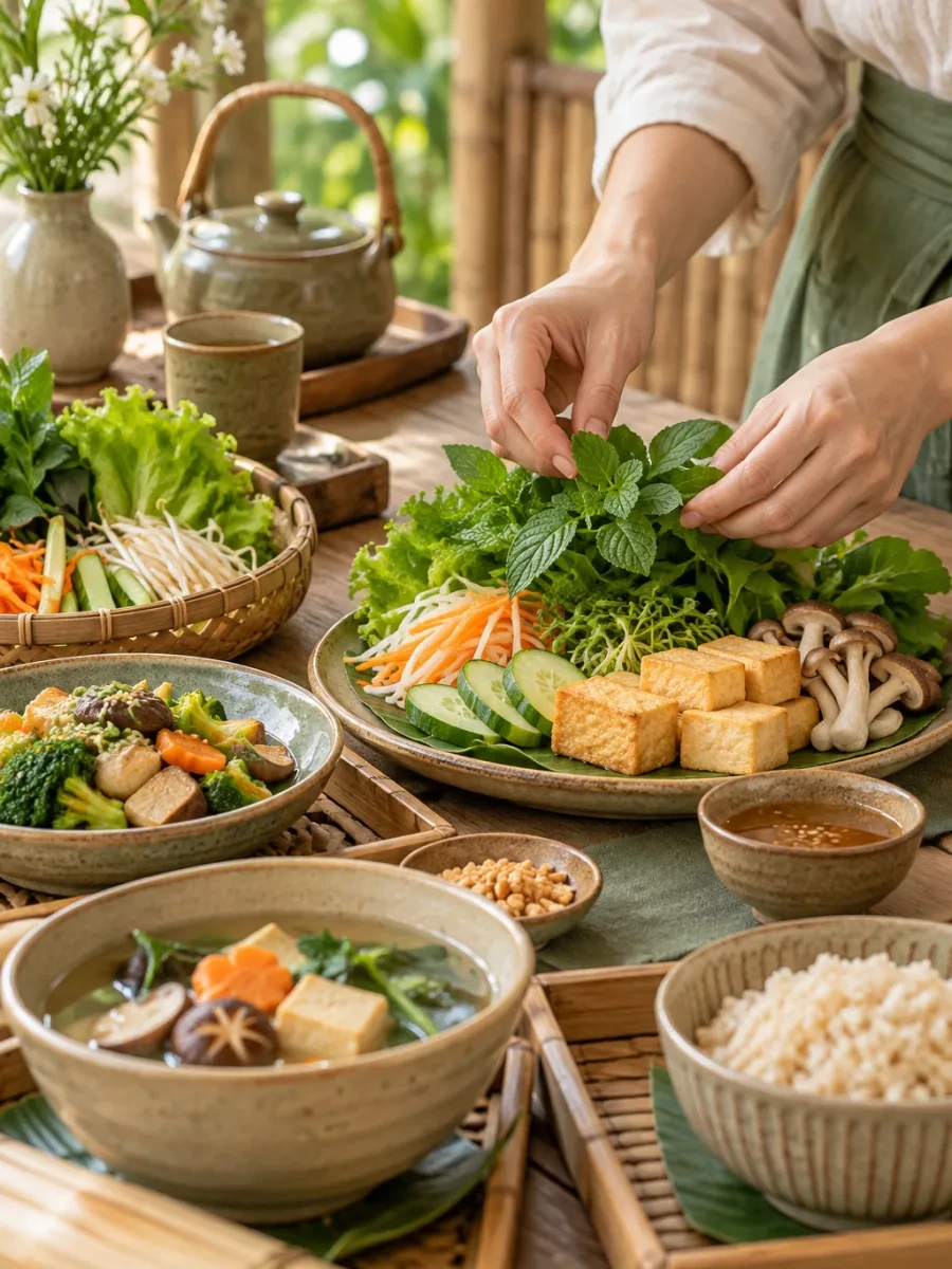 Bàn tay xếp rau thơm lên đĩa