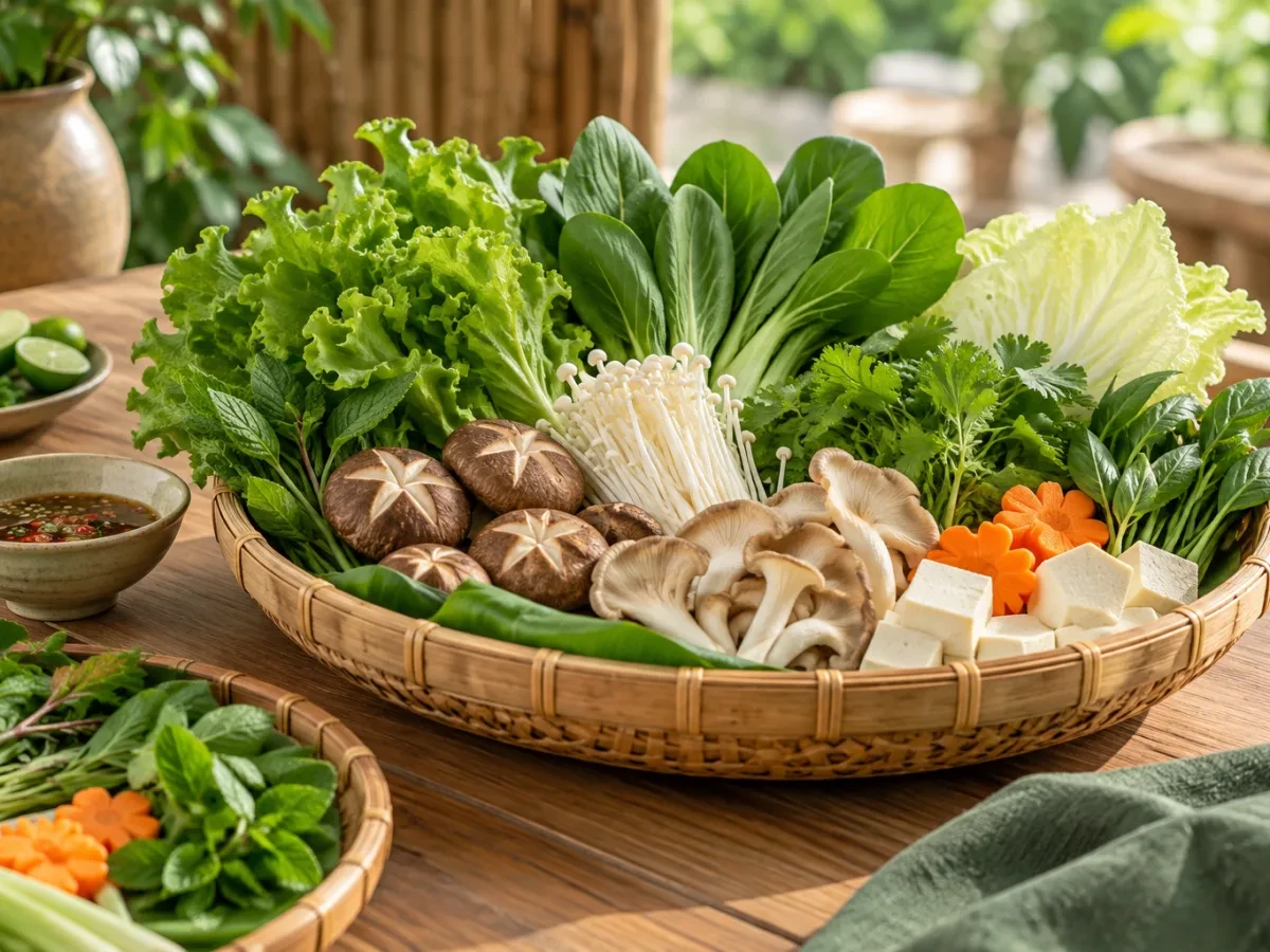 Rổ rau tươi và nấm trên bàn gỗ