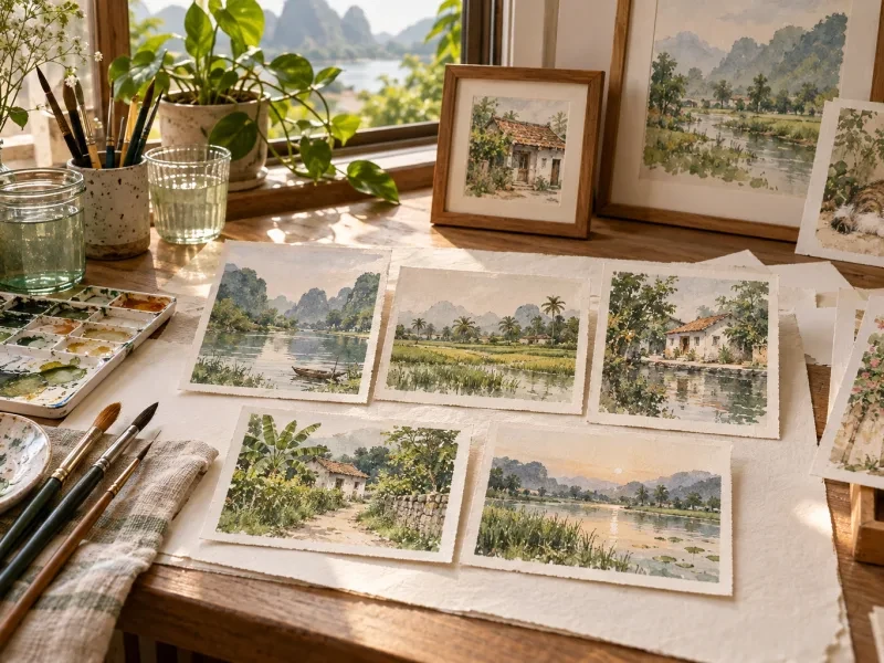 Những tấm thiệp màu nước phong cảnh bày trên bàn