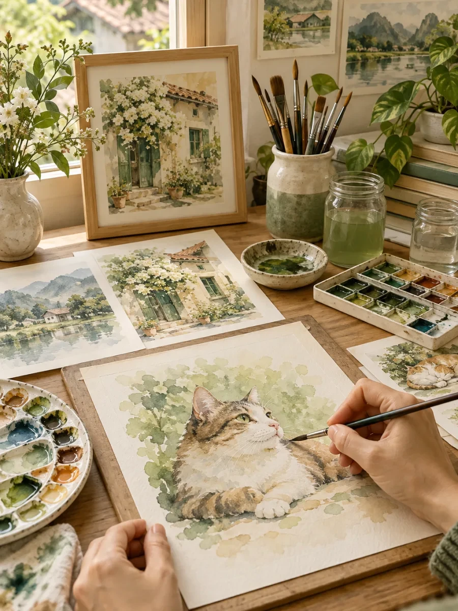 Bàn tay vẽ chú mèo bằng màu nước