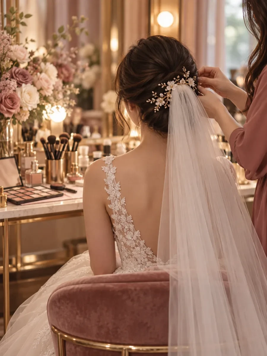 Cô dâu nhìn từ phía sau với khăn voan và tóc búi cài hoa