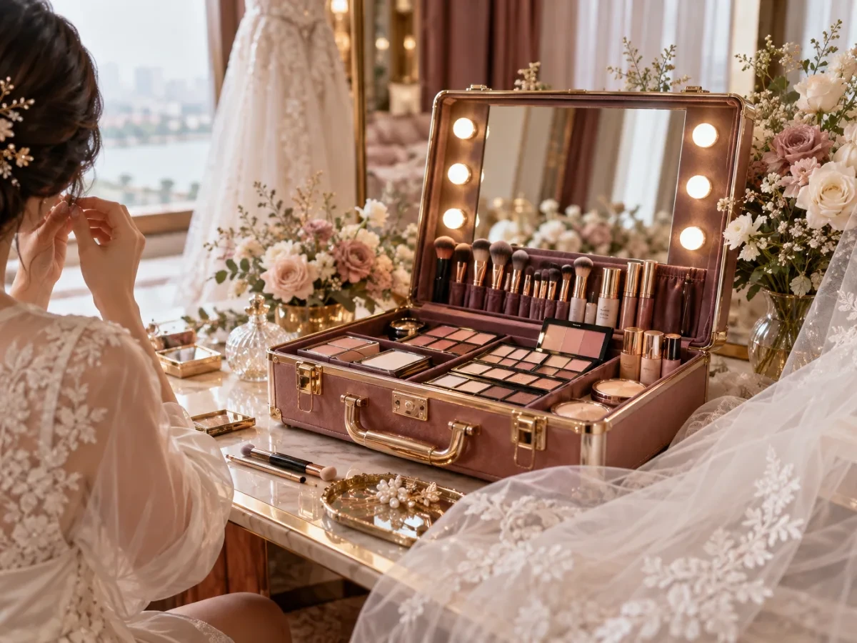 Vali đồ trang điểm mở có cọ và bảng phấn