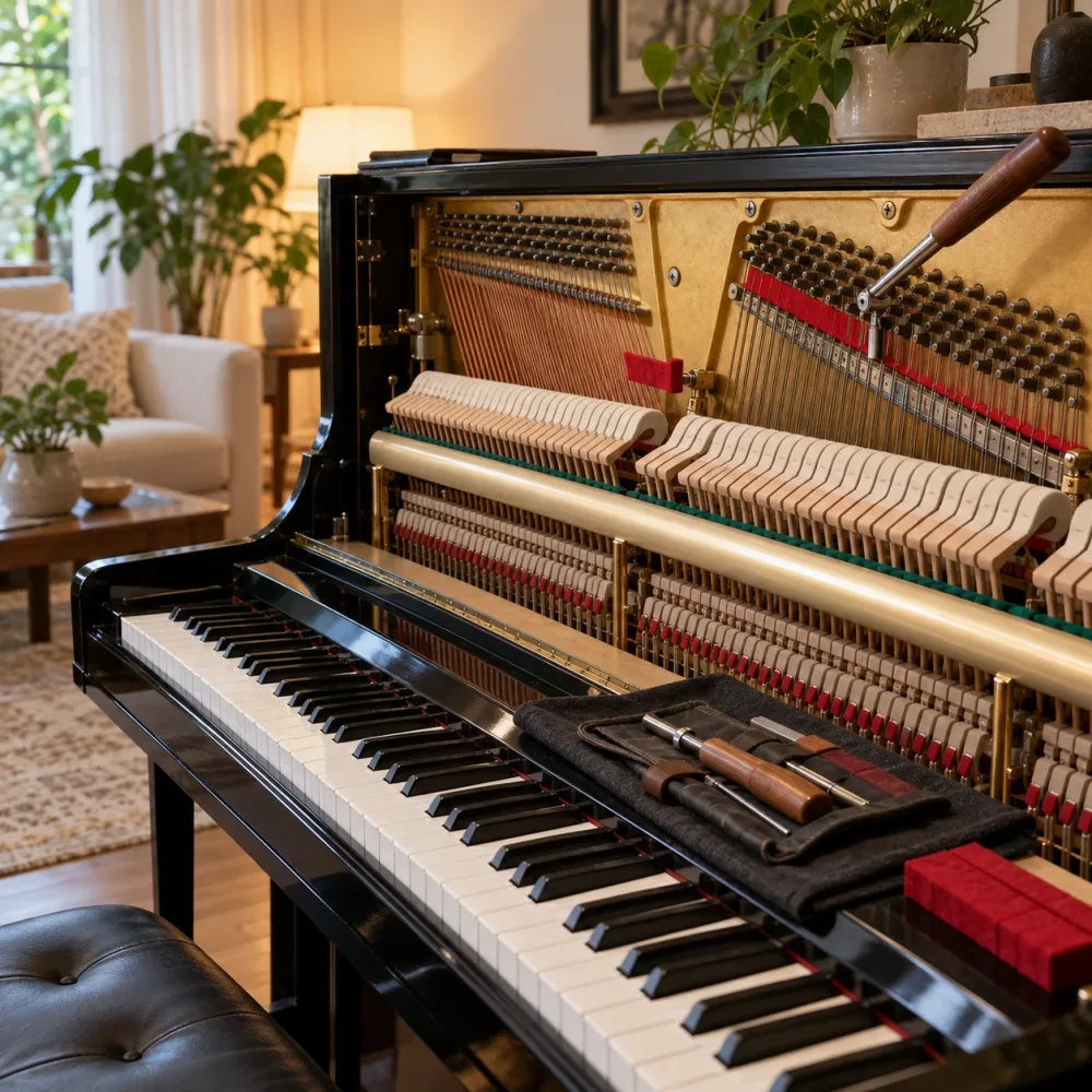 Đàn piano đứng trong phòng khách yên tĩnh có cây xanh