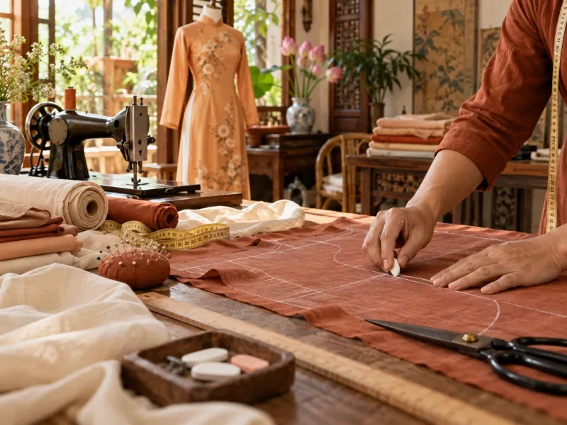 Bàn tay vạch phấn trên vải may sơ mi