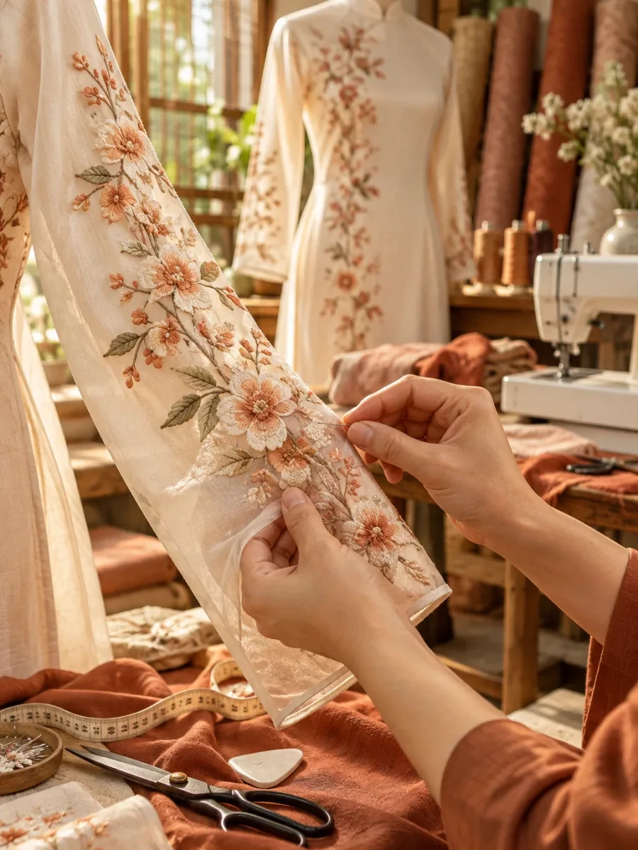 Cận cảnh tay áo dài có thêu