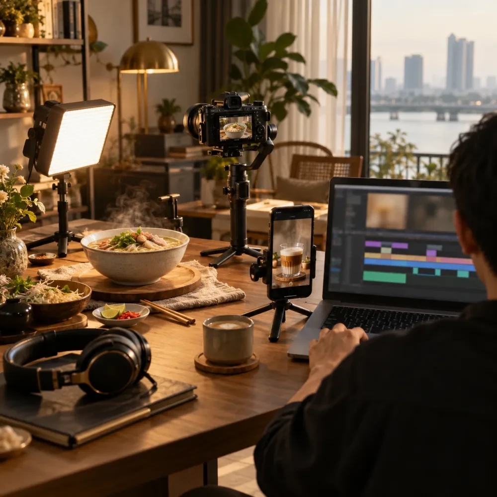 Đèn LED nhỏ chiếu bát mì để quay