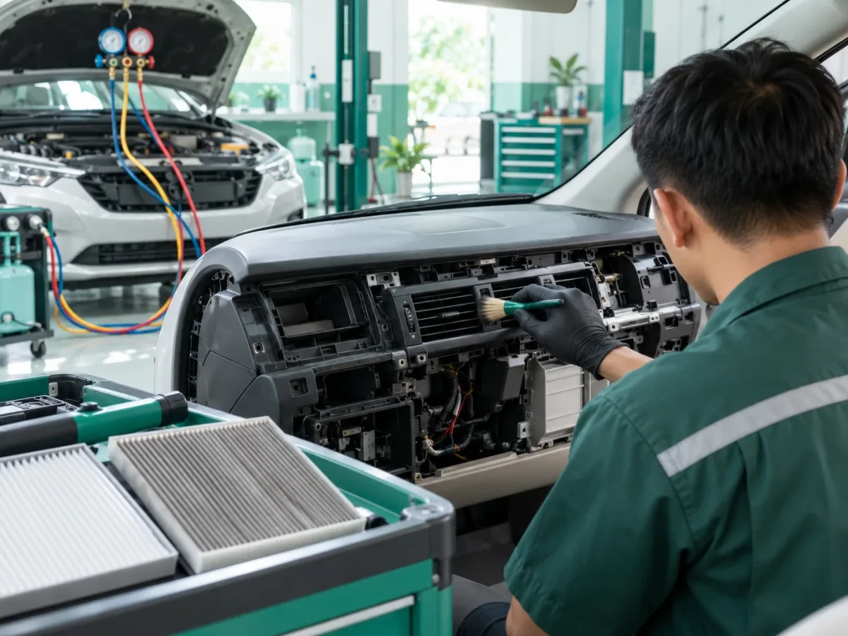 Thợ nhìn từ phía sau dùng cọ vệ sinh cửa gió trên táp lô