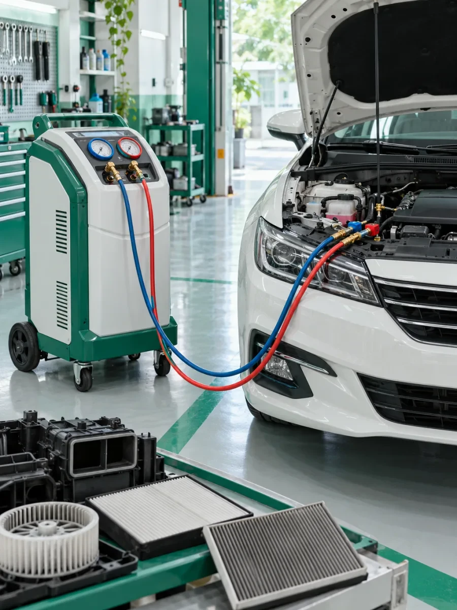 Máy nạp gas điều hòa có ống nối đặt cạnh xe