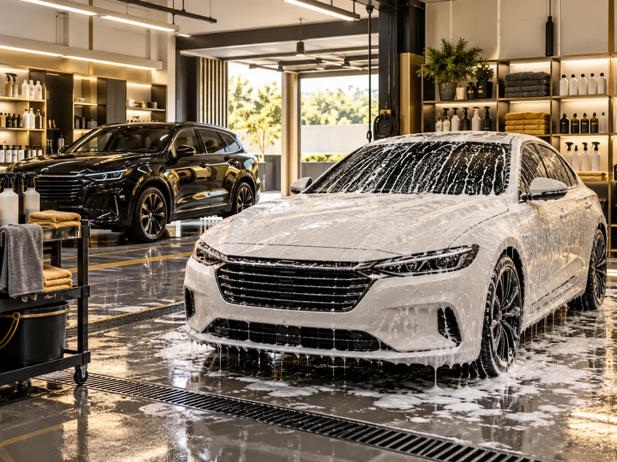 Xưởng gọn gàng với xe phủ bọt và kệ đồ