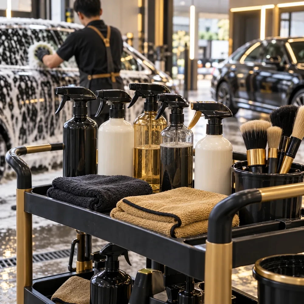 Bình xịt không nhãn và chổi trên xe đẩy