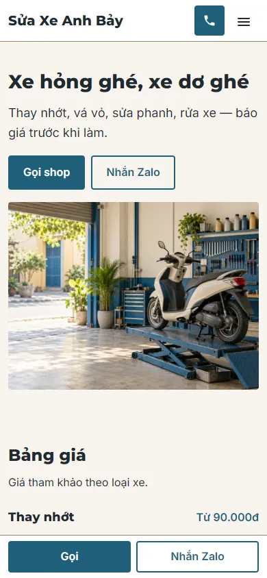 Mẫu Shop sửa xe máy trên điện thoại
