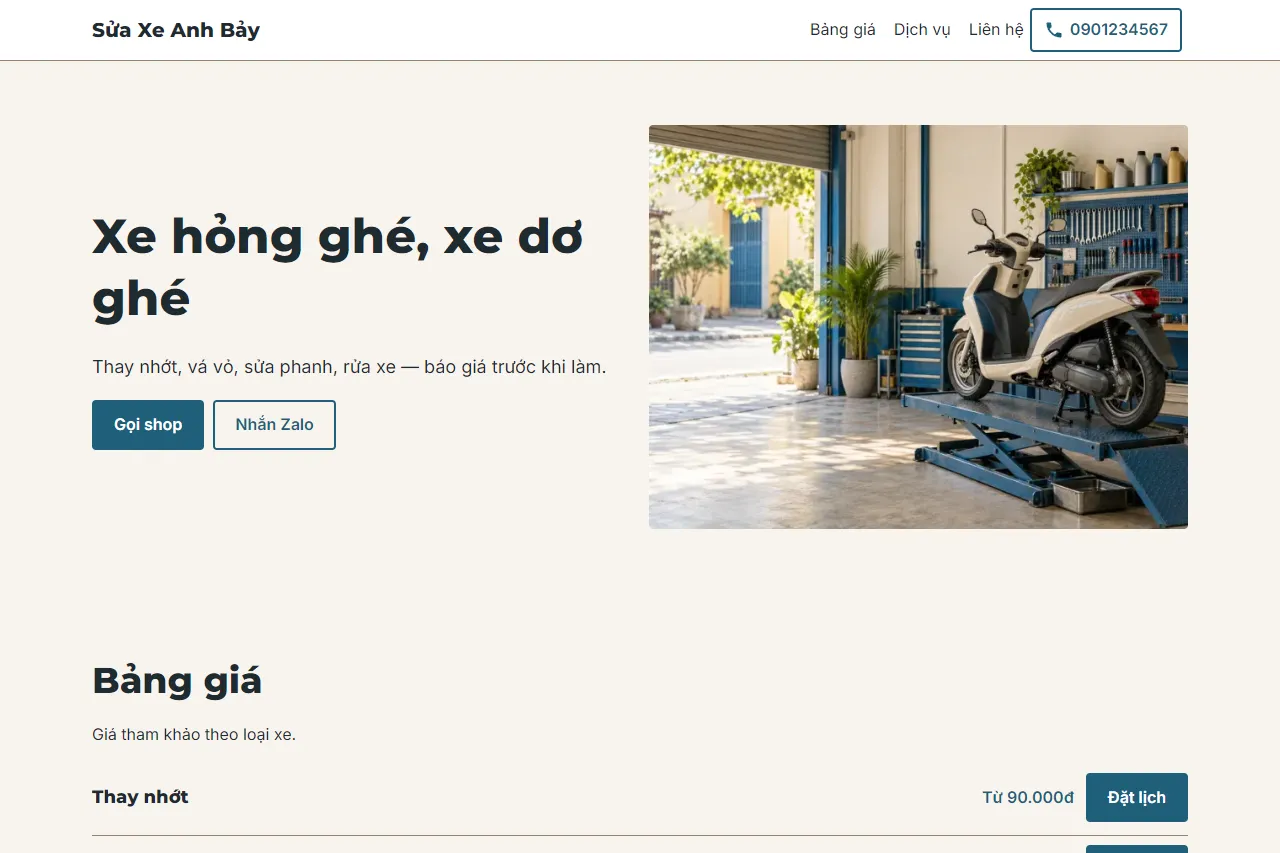 Mẫu Shop sửa xe máy trên máy tính