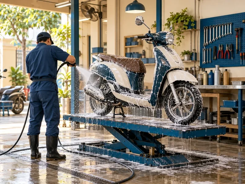 Xe tay ga đang được rửa bằng bọt và nước