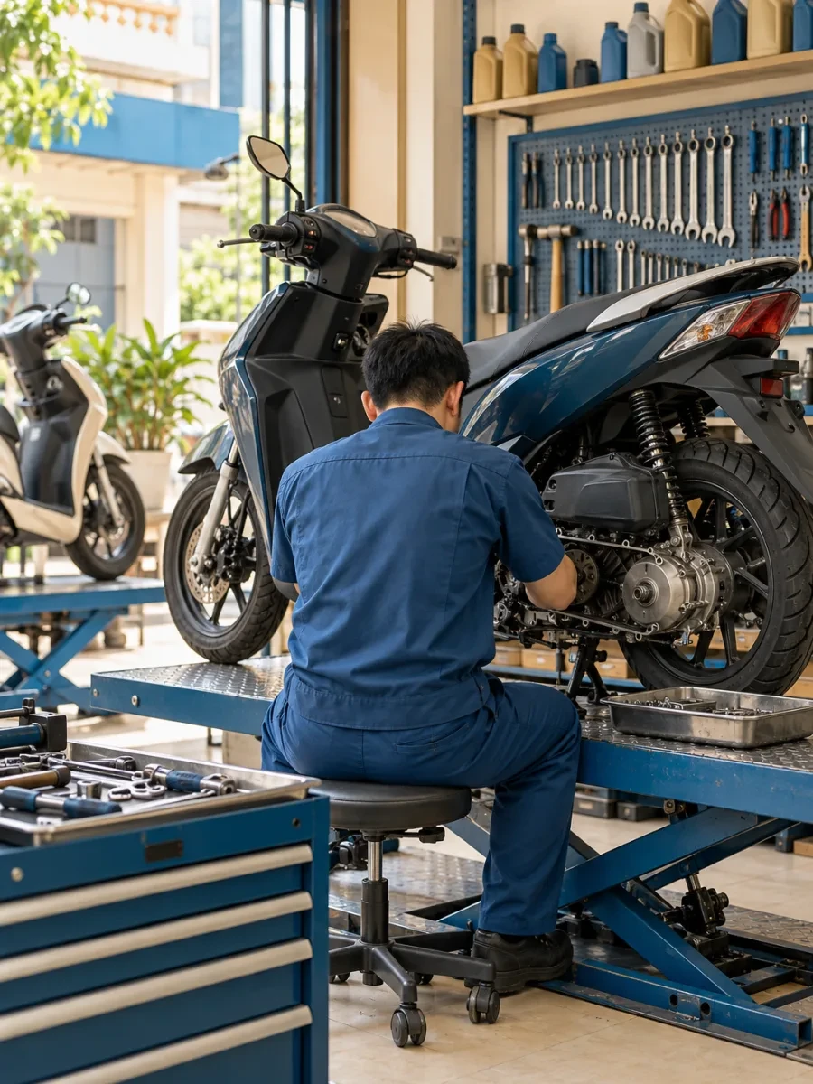Thợ sửa máy xe tay ga, nhìn từ phía sau