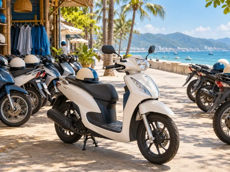 Xe tay ga có mũ bảo hiểm trên yên