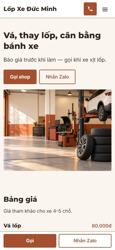 Mẫu Shop lốp ô tô trên điện thoại