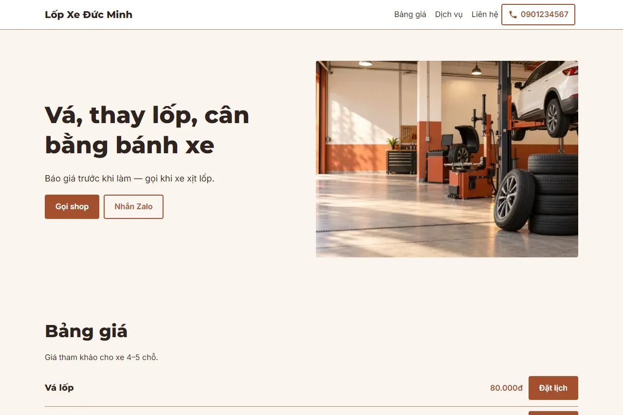 Mẫu Shop lốp ô tô trên máy tính