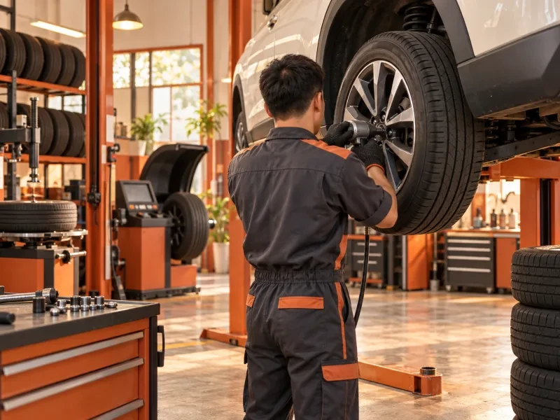 Thợ nhìn từ phía sau tháo bánh xe bằng súng vặn ốc