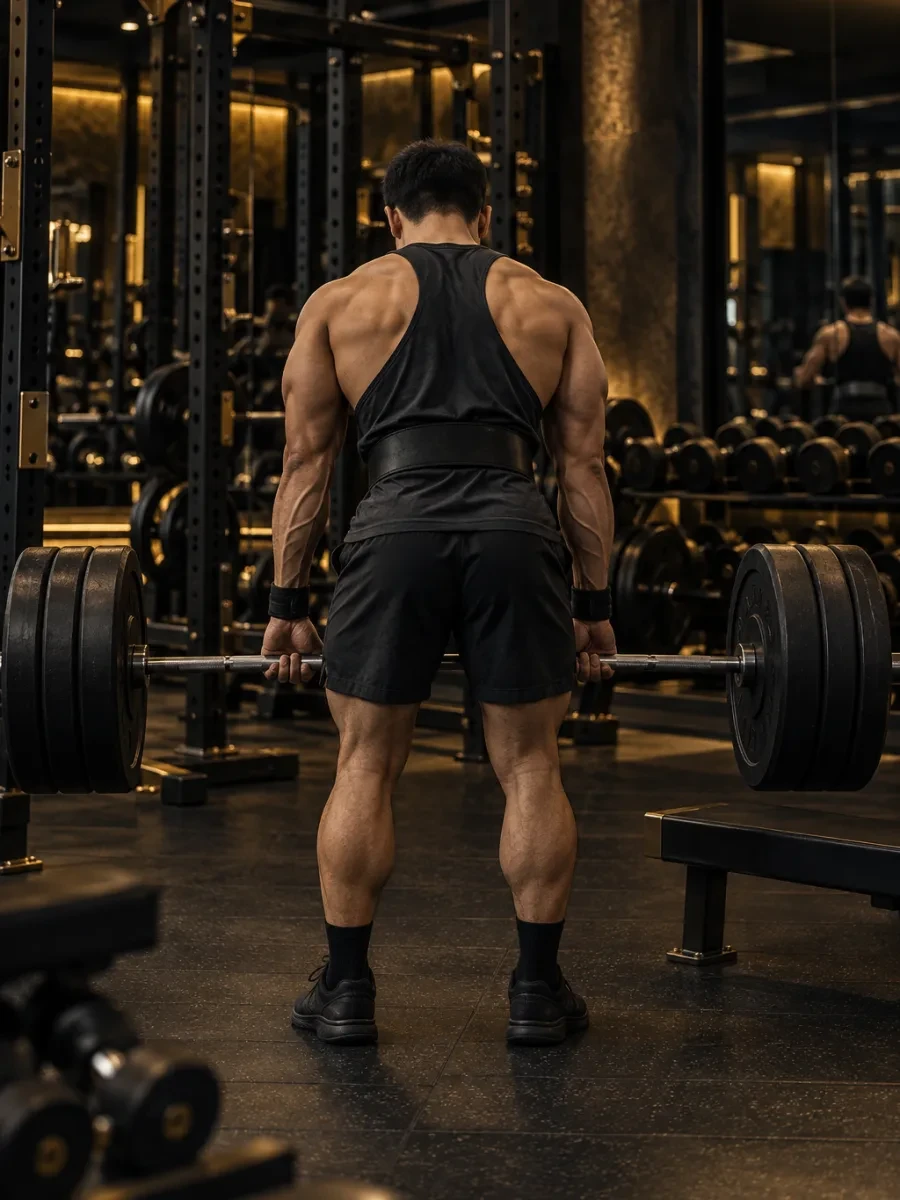 Người tập nhìn từ phía sau đang nâng đòn tạ