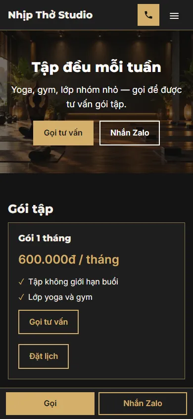 Mẫu Phòng yoga và gym nhỏ trên điện thoại