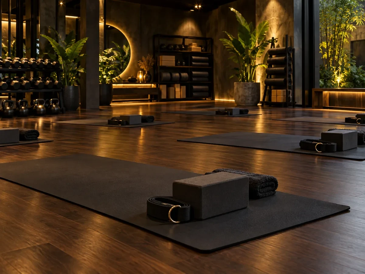 Thảm yoga, gạch kê và dây tập xếp gọn