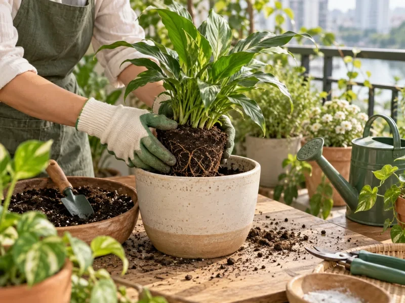 Bàn tay đeo găng thay đất cho chậu cây ở ban công