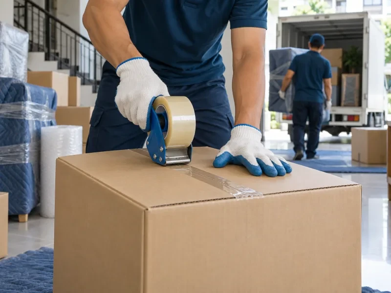 Bàn tay đeo găng dán băng keo thùng giấy