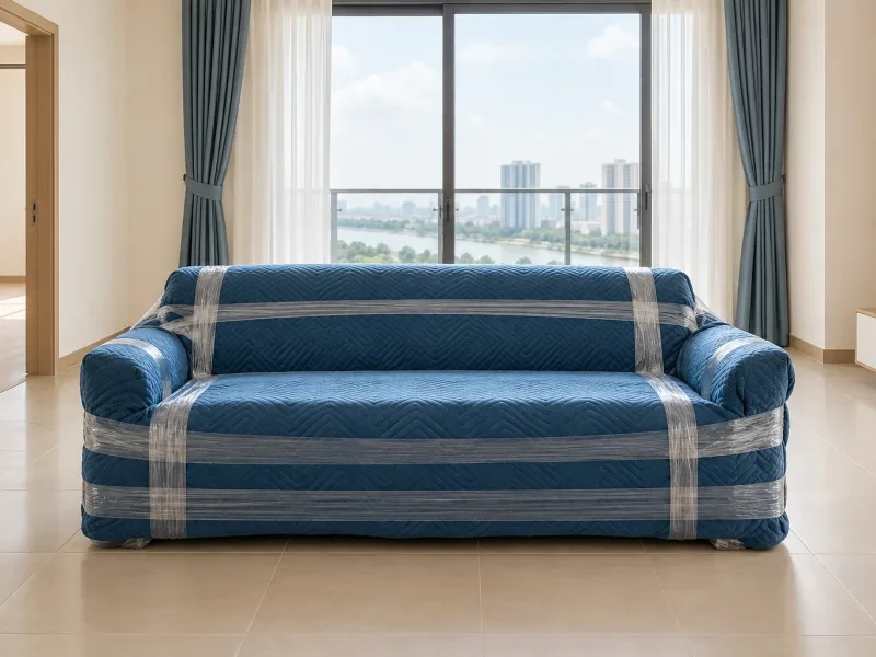 Ghế sofa bọc chăn trong căn hộ trống