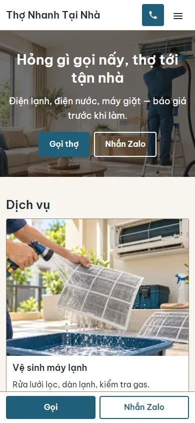 Mẫu Thợ điện nước tại nhà trên điện thoại