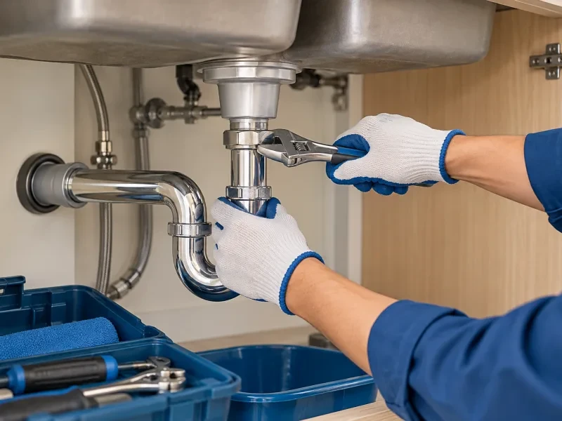 Bàn tay đeo găng sửa ống nước dưới bồn rửa
