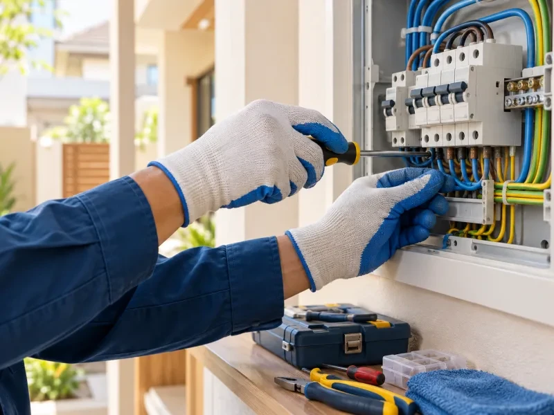 Bàn tay đeo găng làm việc ở tủ điện