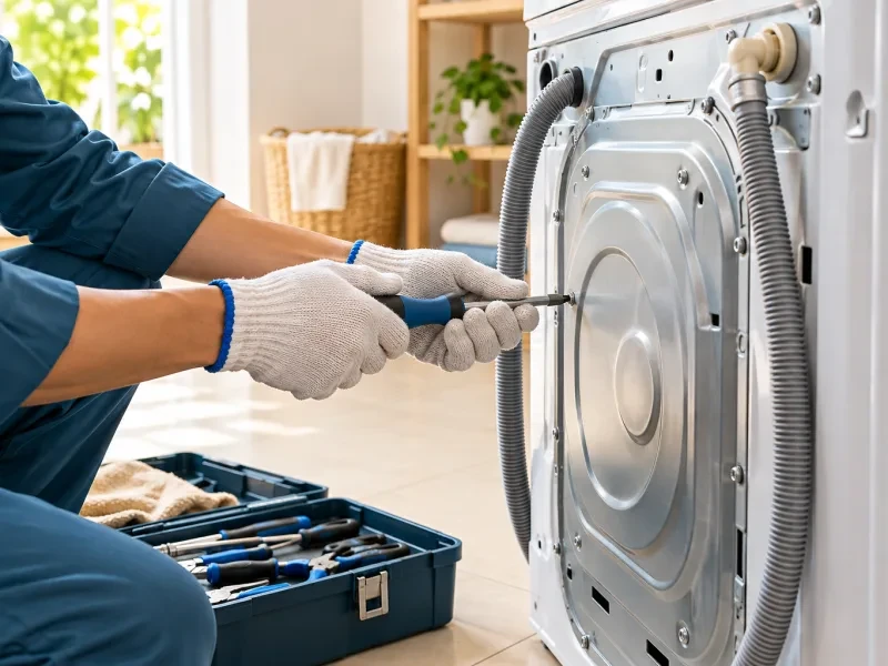 Bàn tay mở nắp sau máy giặt bằng tua vít
