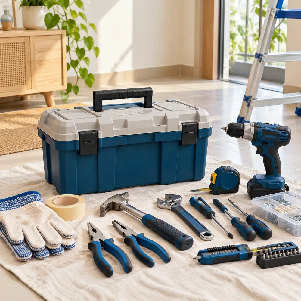 Thùng đồ nghề và dụng cụ xếp trên tấm vải