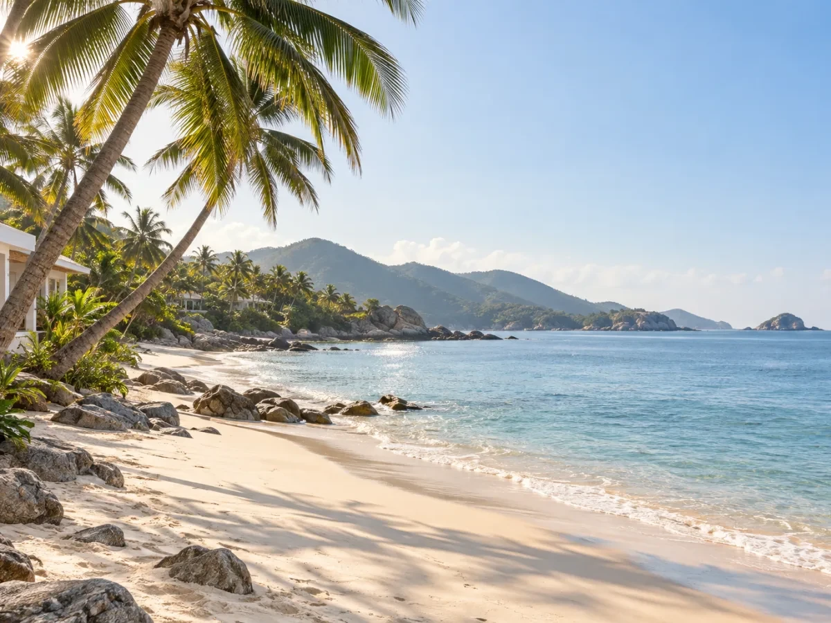 Bãi biển vắng có hàng dừa