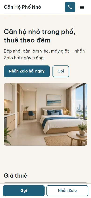 Mẫu Căn hộ ngắn ngày trong phố trên điện thoại