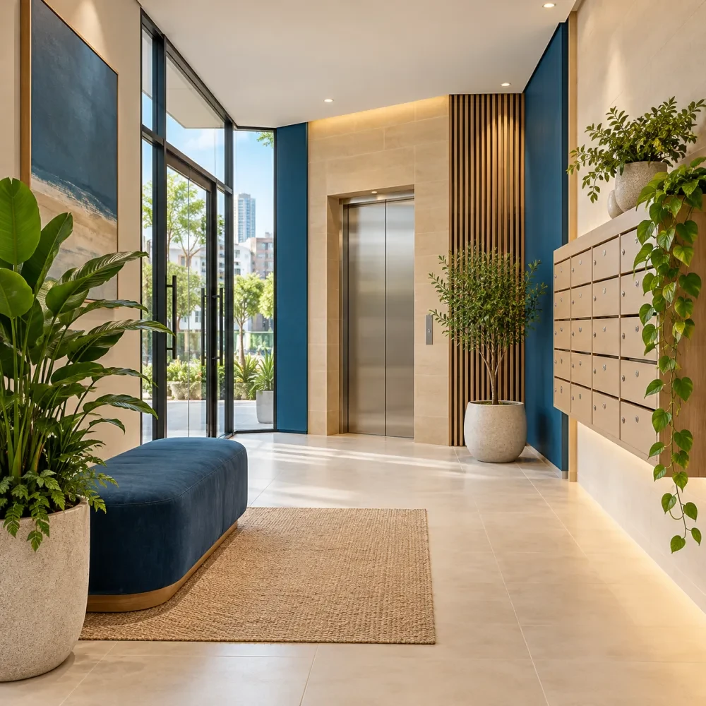 Sảnh nhỏ có cây xanh và hộp thư
