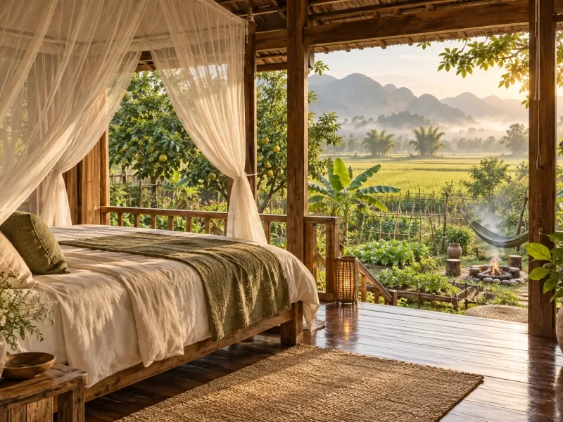 Phòng gỗ có giường mắc màn nhìn ra vườn
