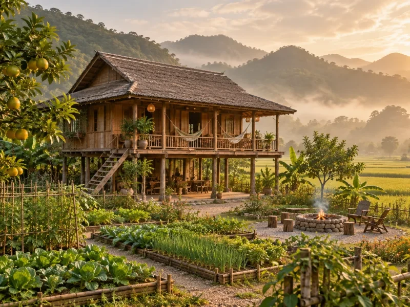 Mặt ngoài nhà gỗ có hiên và võng