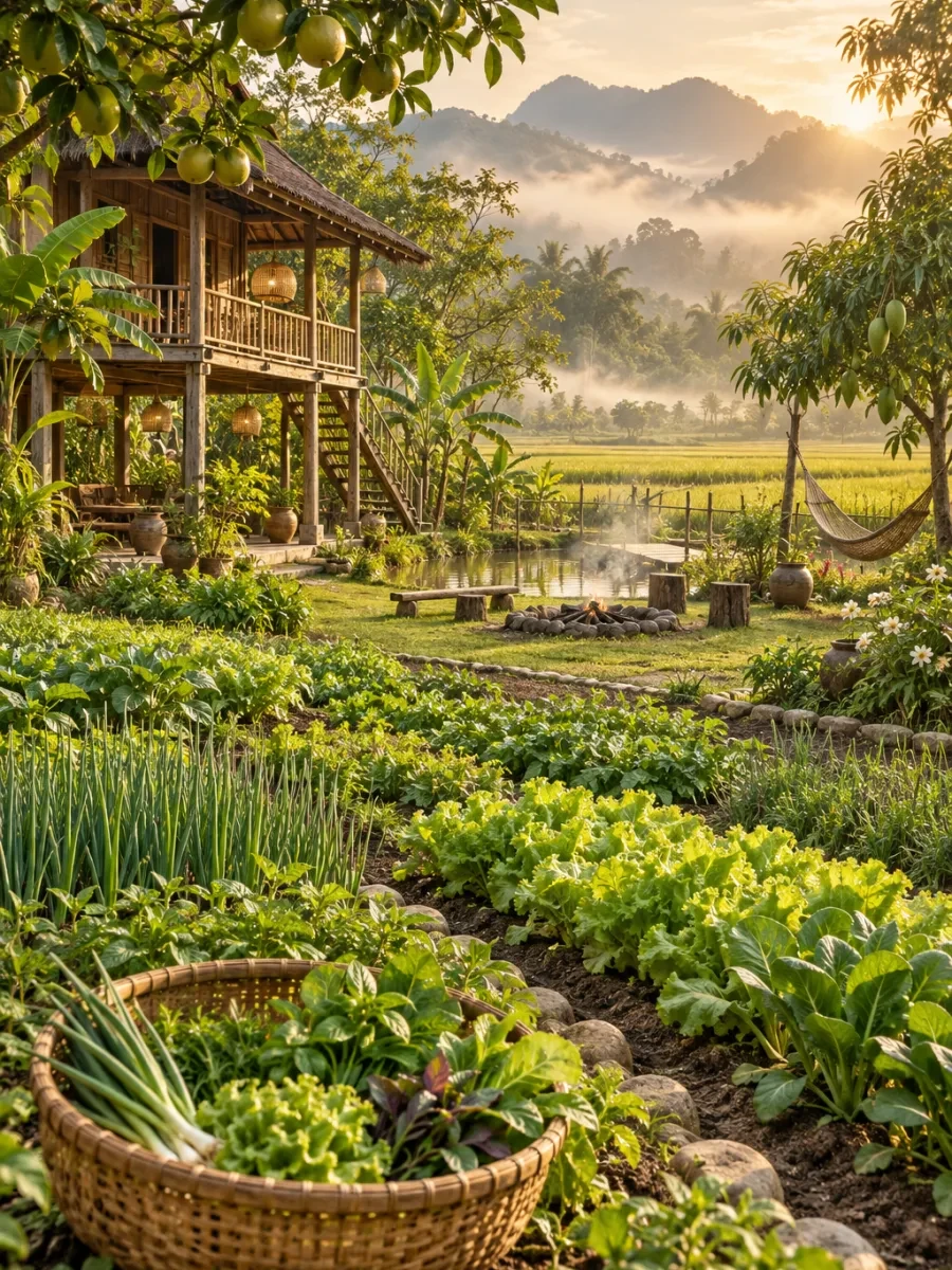 Luống rau và rổ rau vừa hái