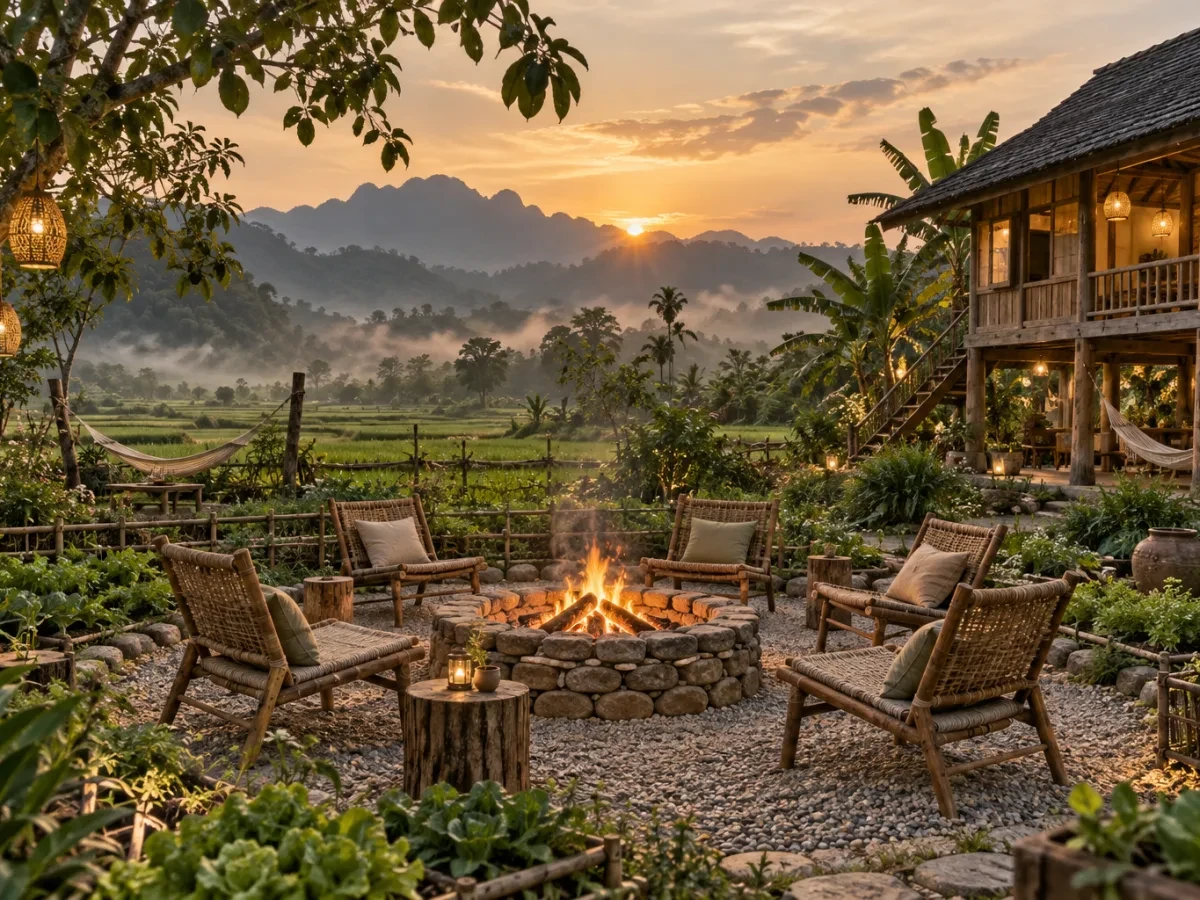 Bếp lửa ngoài trời có ghế lúc chạng vạng
