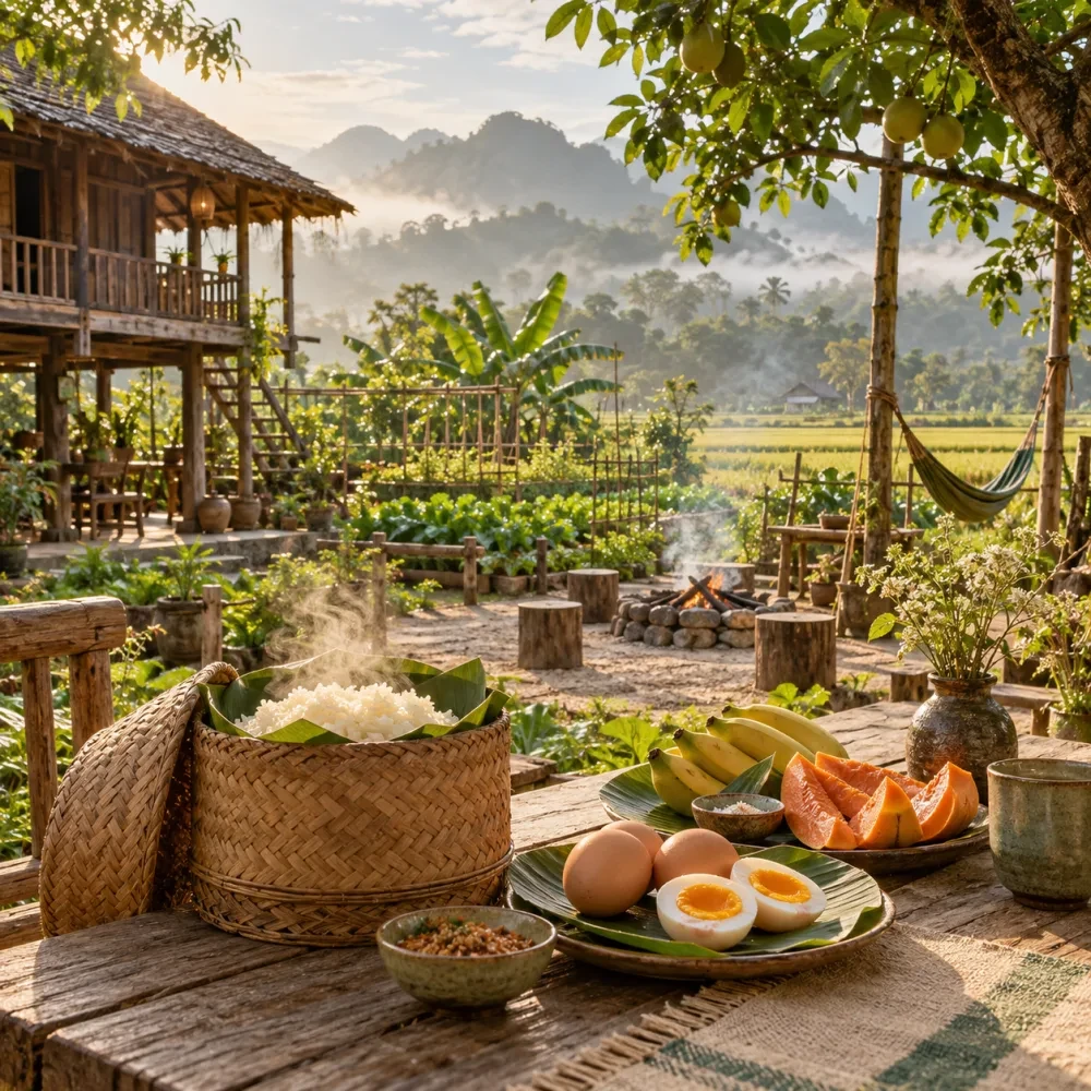 Bữa sáng xôi, trứng và trái cây trên bàn gỗ