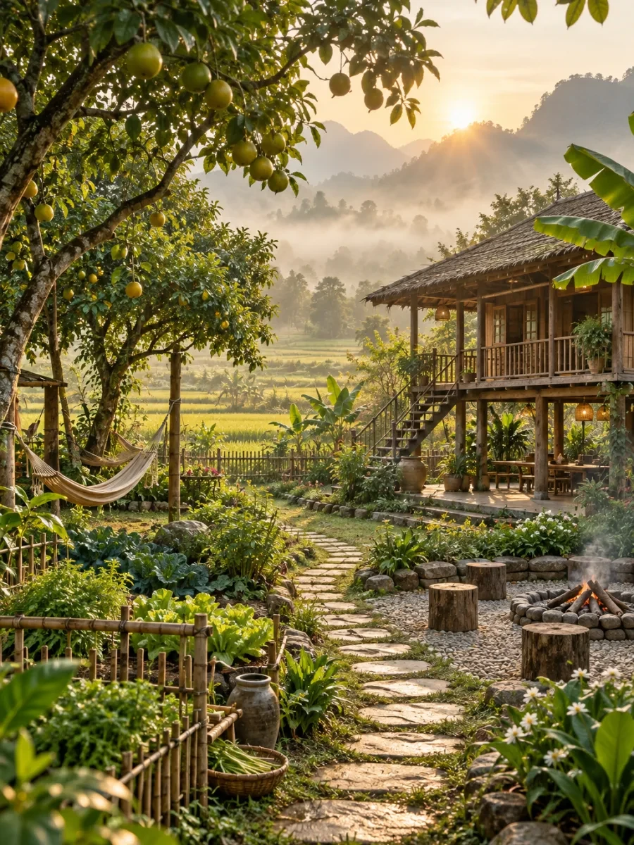 Lối đi giữa hàng cây ăn trái trong sương sớm