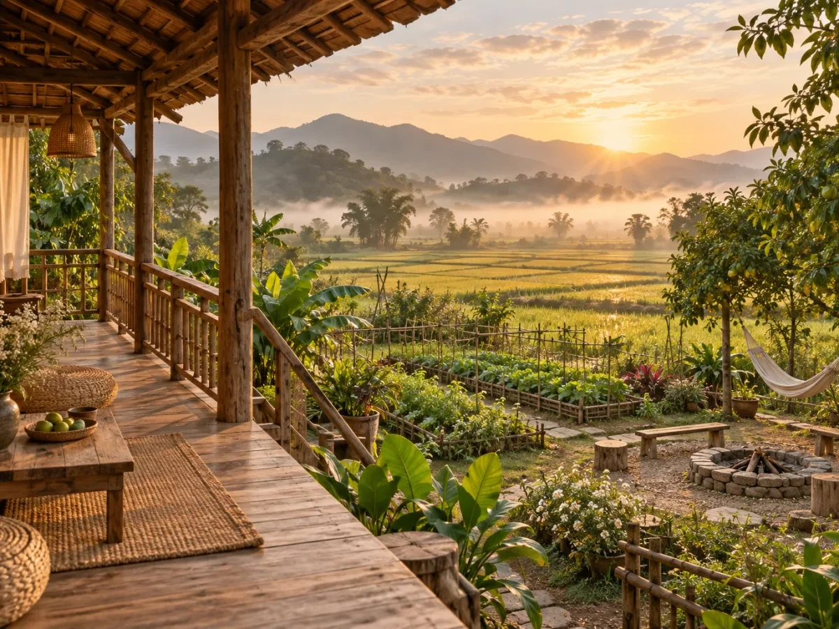Ruộng lúa lúc bình minh nhìn từ hiên nhà