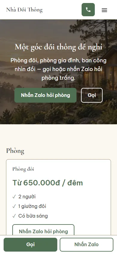 Mẫu Homestay đồi thông trên điện thoại
